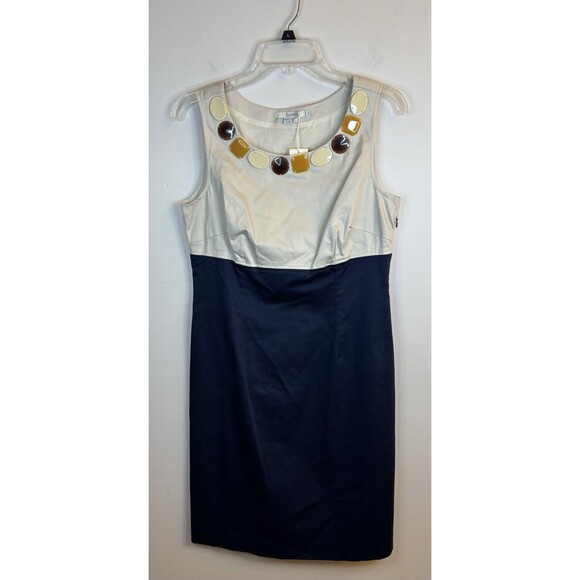BODEN Sheath Dress Womens 8R Beaded Neckline Sleeveless Navy Cream Zip Career - Picture 1 of 13
